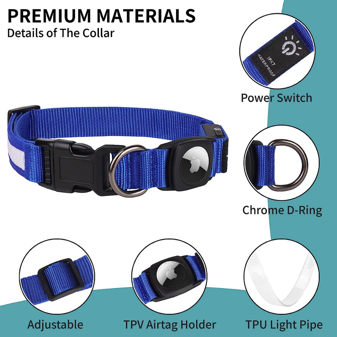 My Tag Tracker LED Pet Collar Light - Blue with AirTag Integration