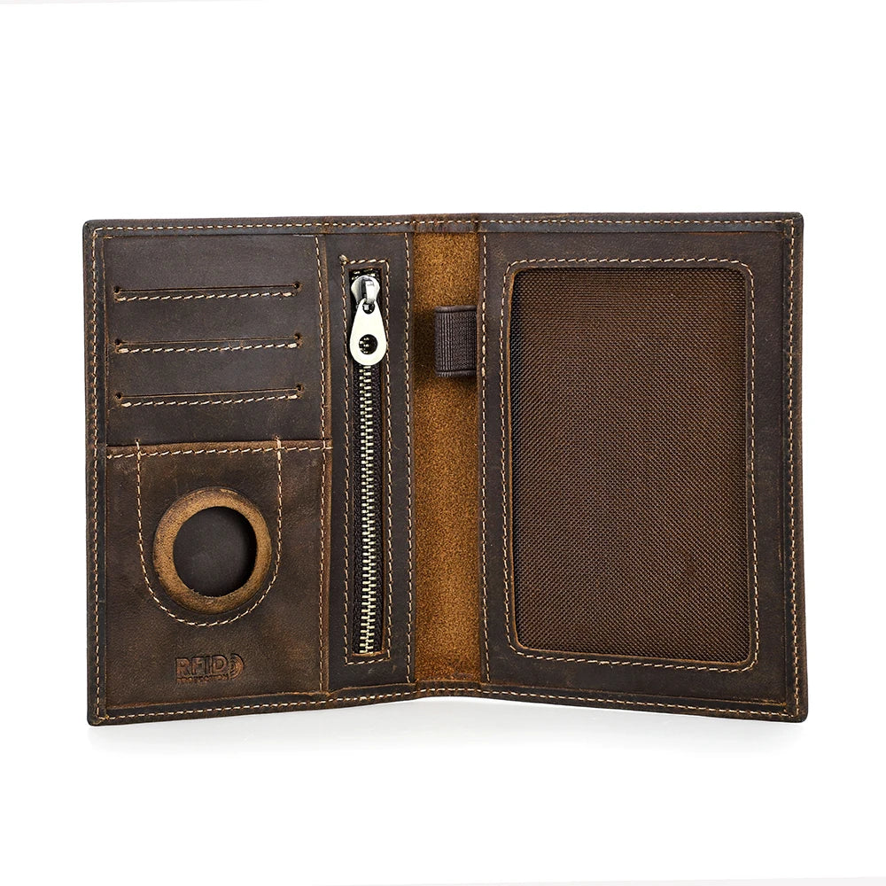 Genuine Leather Passport Holder Travel Wallet with AirTag Case