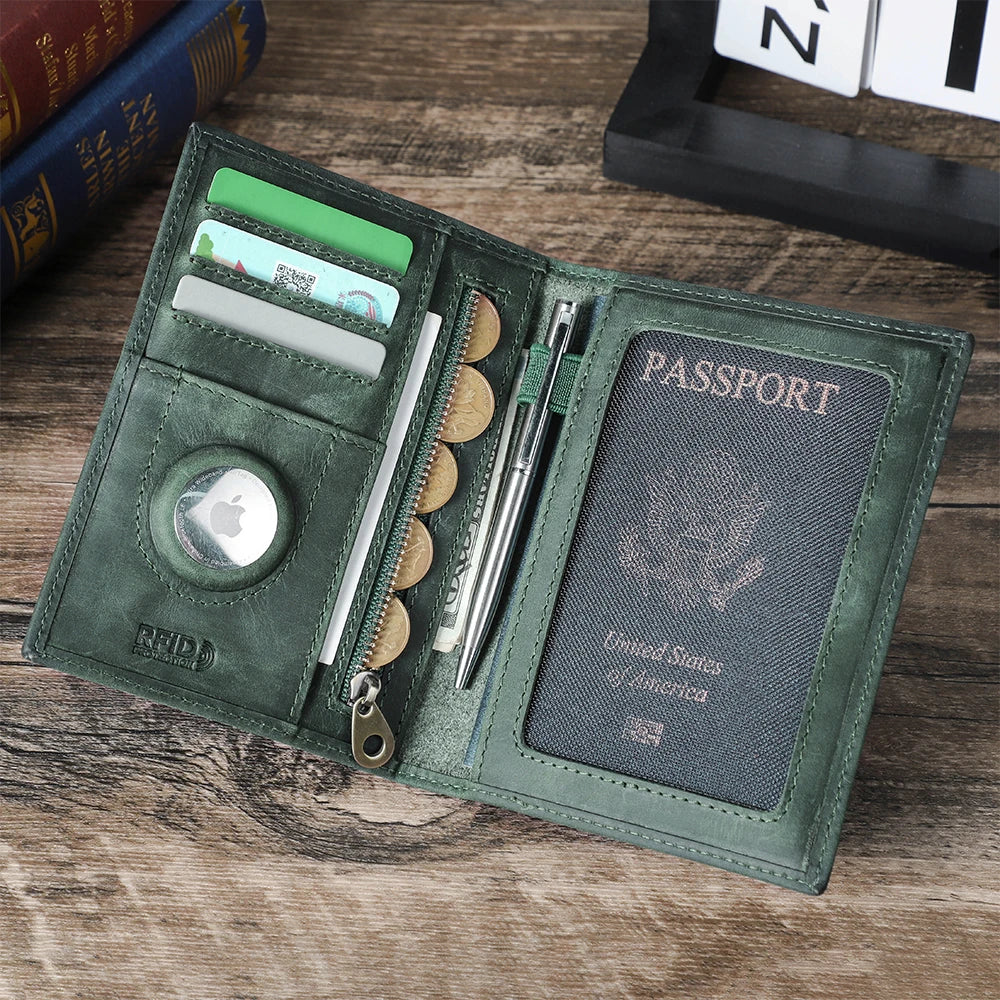 Genuine Leather Passport Holder Travel Wallet with AirTag Case
