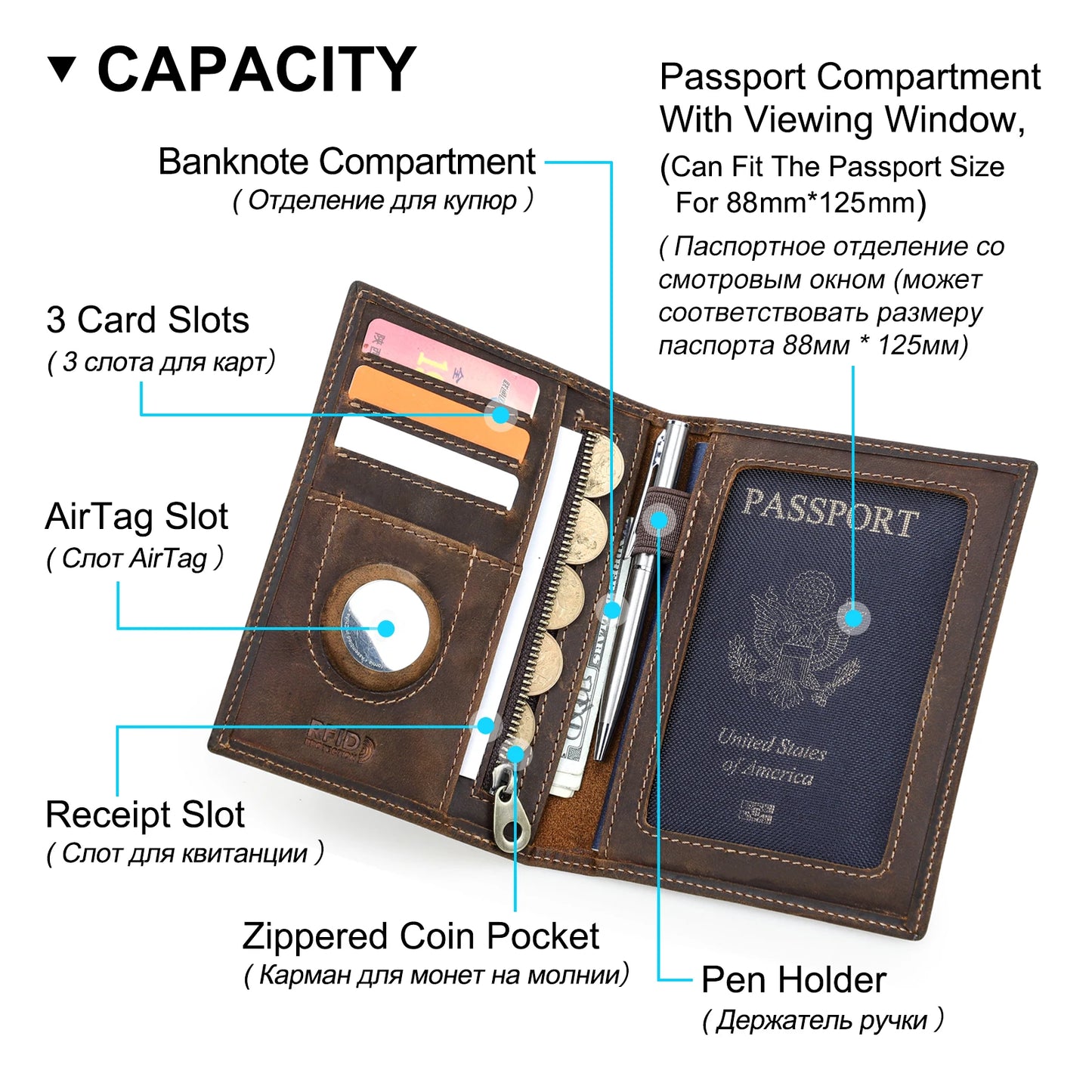 Genuine Leather Passport Holder Travel Wallet with AirTag Case