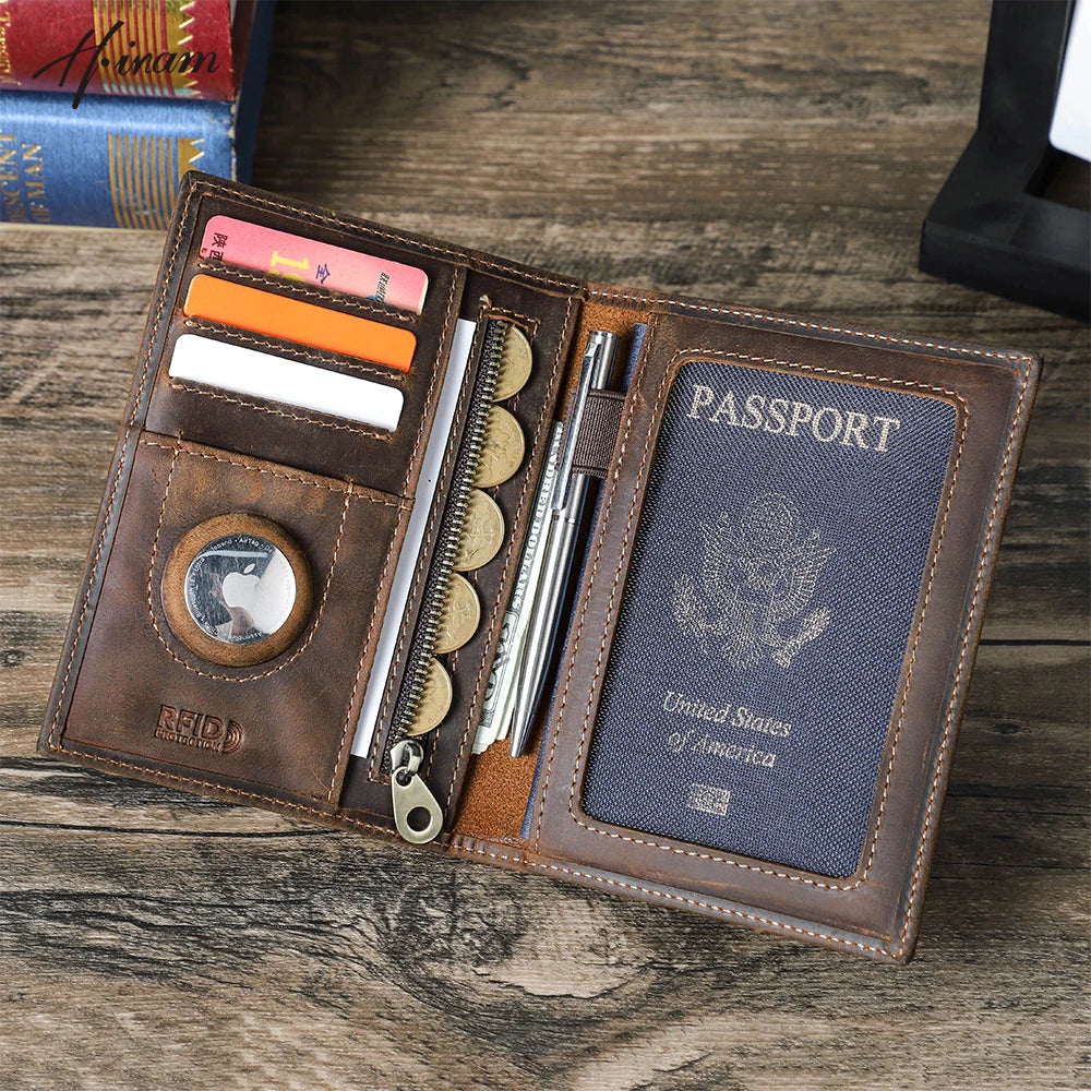 Genuine Leather Passport Holder Travel Wallet with AirTag Case