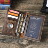Genuine Leather Passport Holder Travel Wallet with AirTag Case