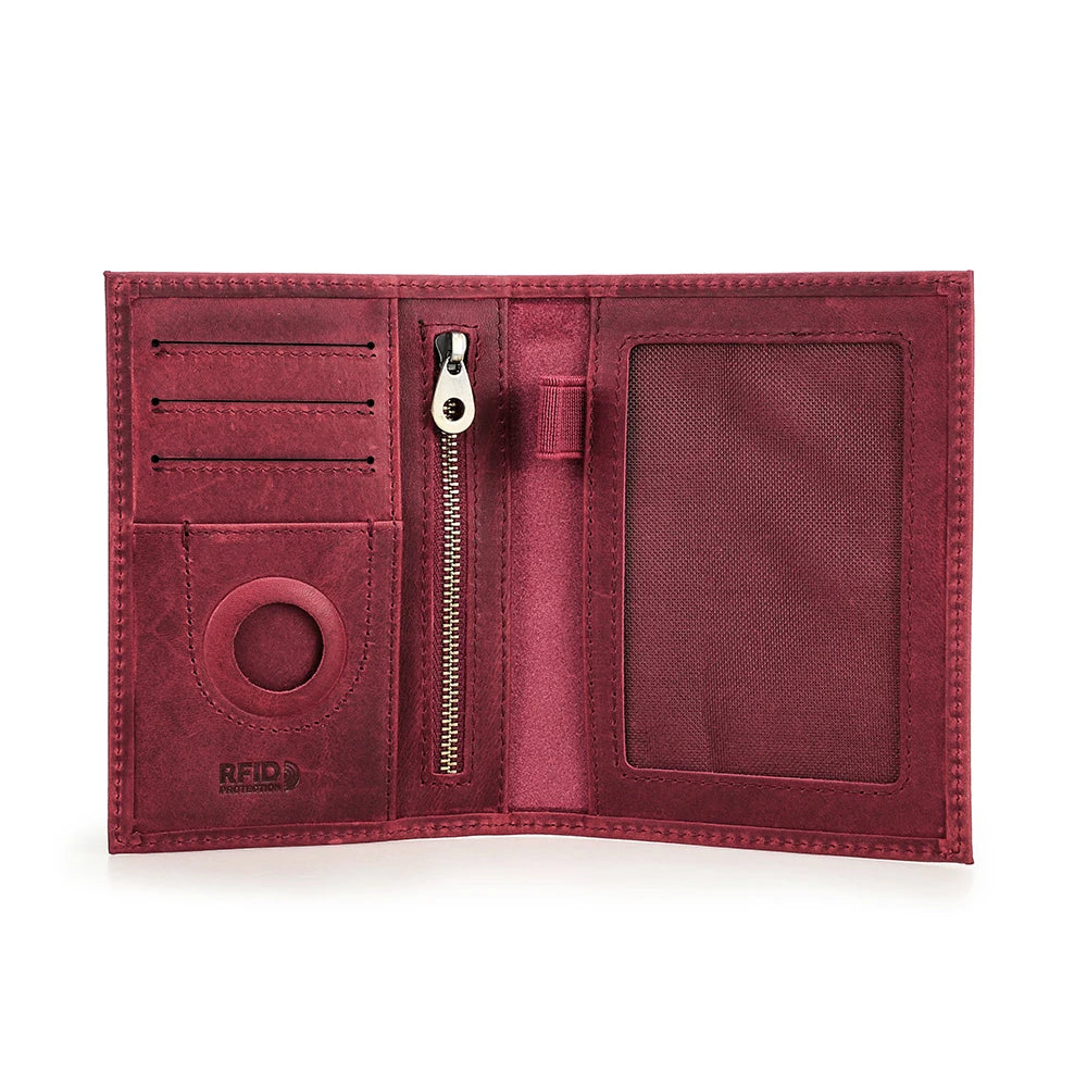 Genuine Leather Passport Holder Travel Wallet with AirTag Case